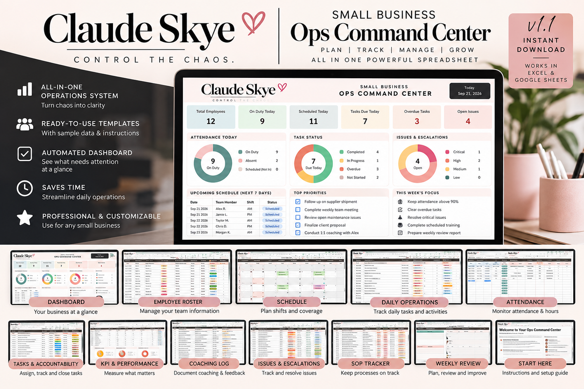 Claude Skye Small Business Ops Command Center digital operations spreadsheet